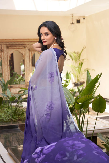 Lavender Weightless Marble Printed Saree with Floral Design Lace Border
