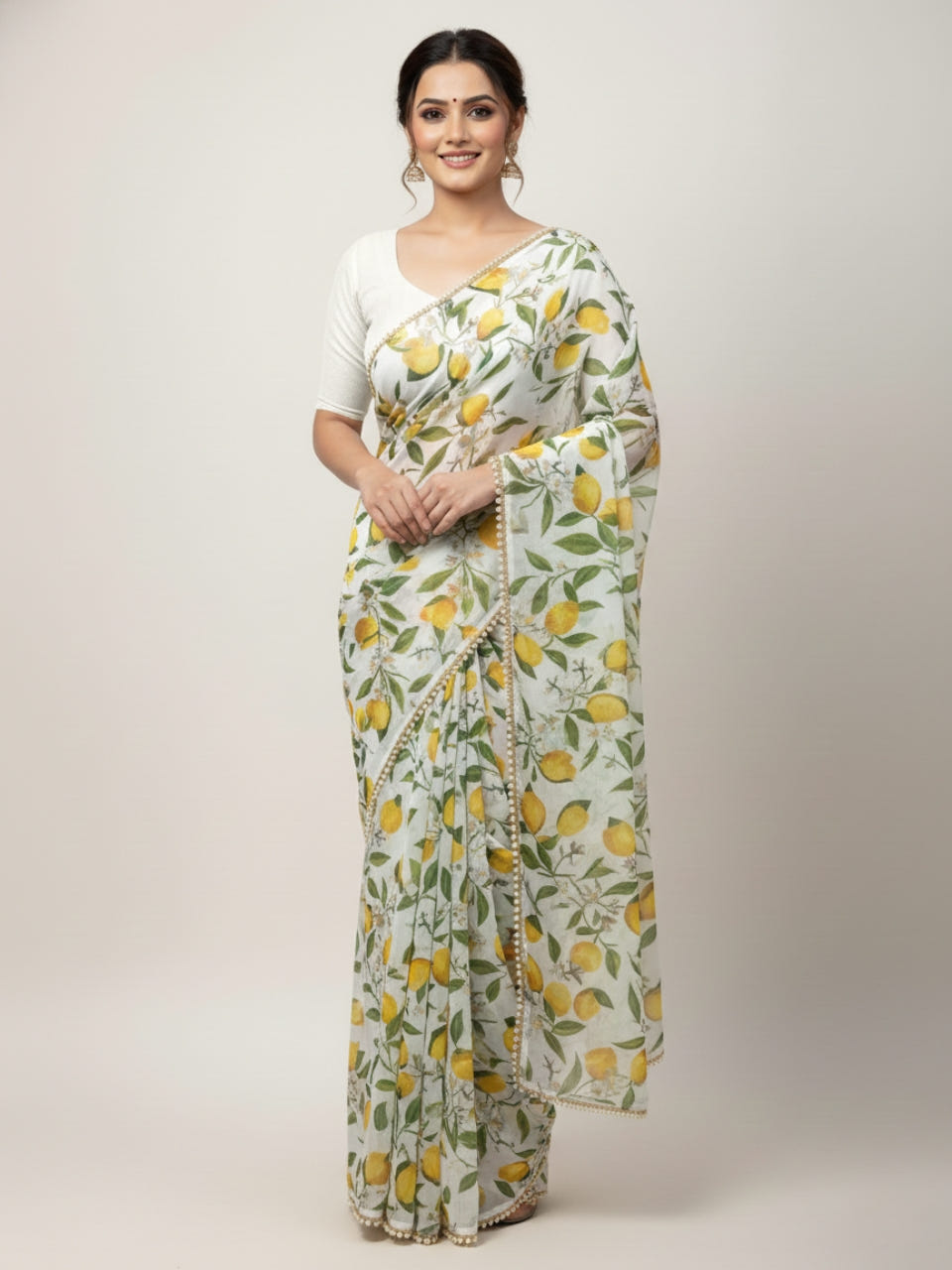 Lemon Yellow Georgette Digital Print Saree with Lace Border & Blouse