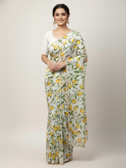 Lemon Yellow Georgette Digital Print Saree with Lace Border & Blouse