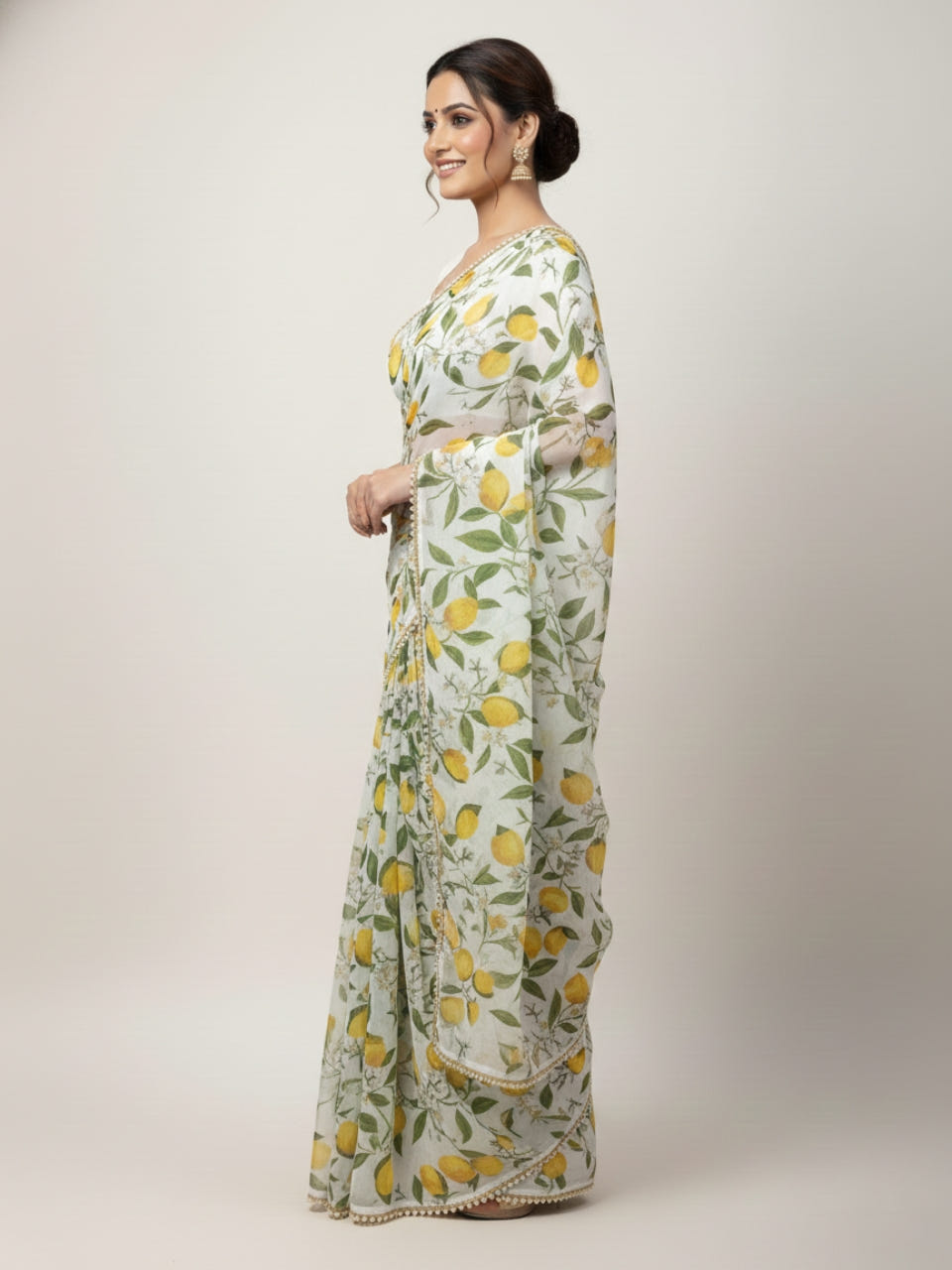 Lemon Yellow Georgette Digital Print Saree with Lace Border & Blouse