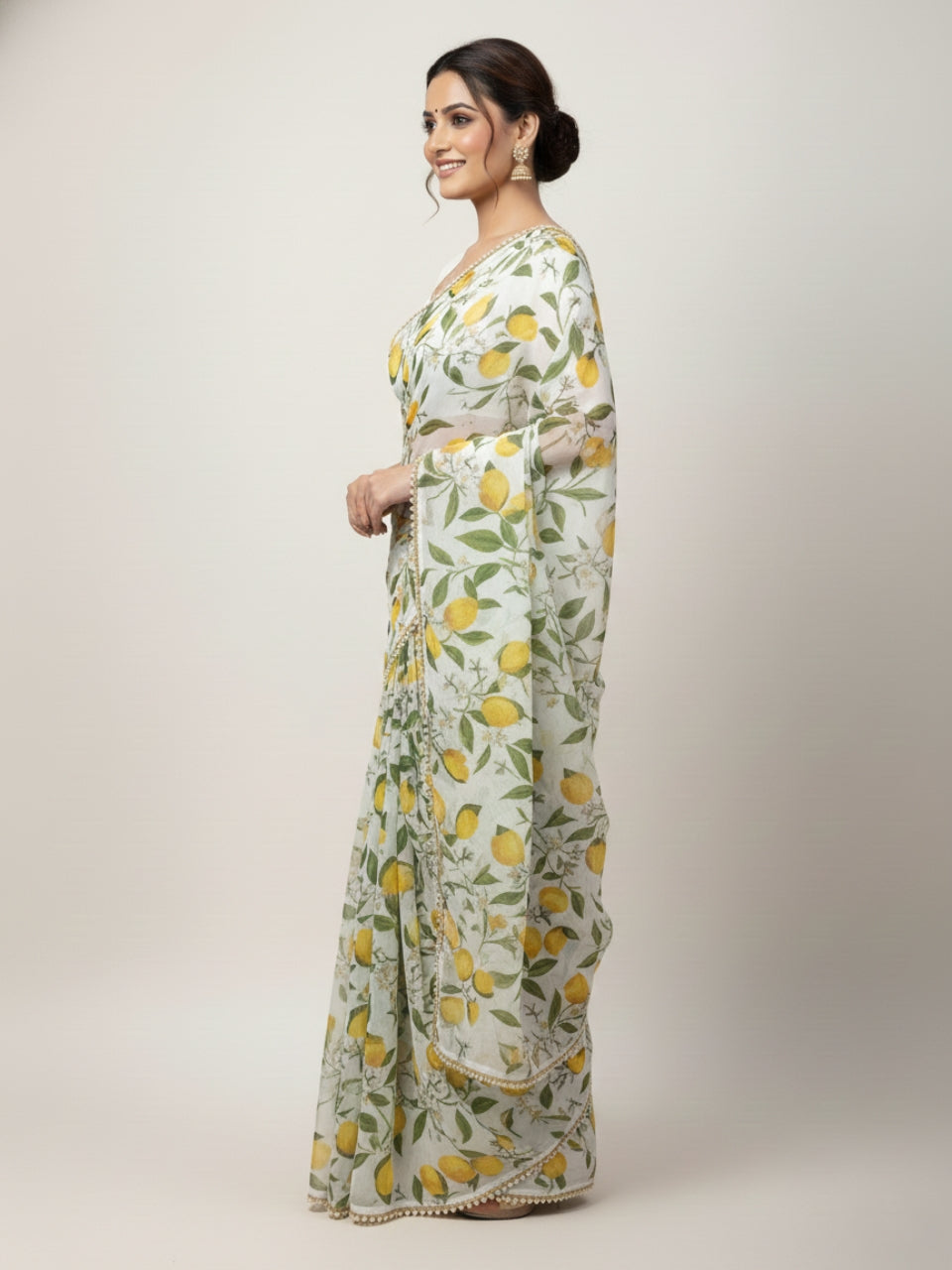 Lemon Yellow Georgette Digital Print Saree with Lace Border & Blouse