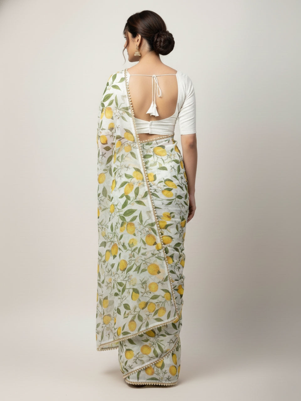 Lemon Yellow Georgette Digital Print Saree with Lace Border & Blouse