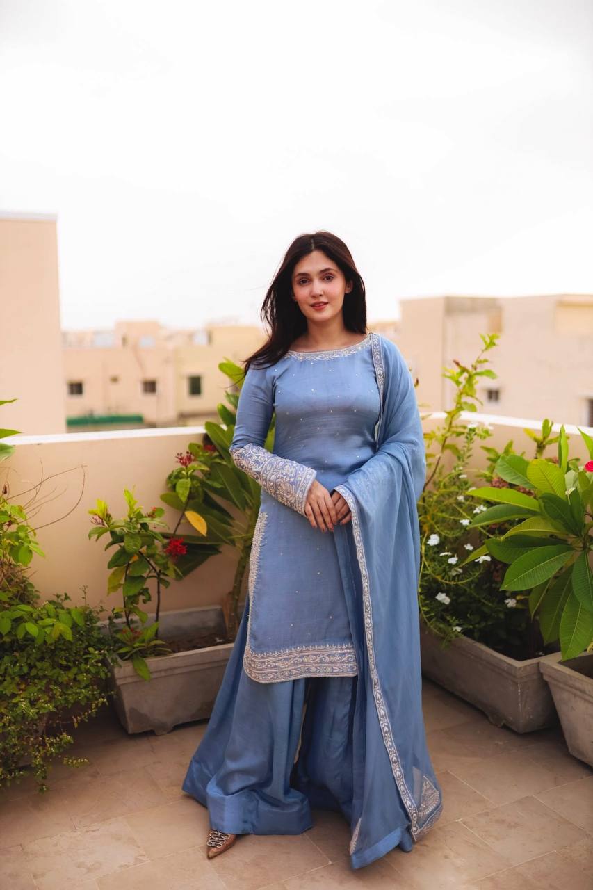 Light Blue Designer Faux Georgette Sharara Suit and Dupatta For Party Wear
