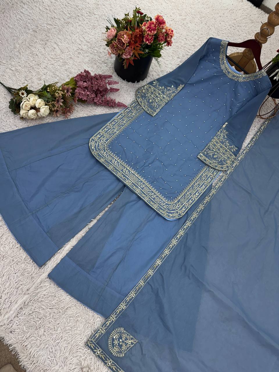 Light Blue Designer Faux Georgette Sharara Suit and Dupatta For Party Wear