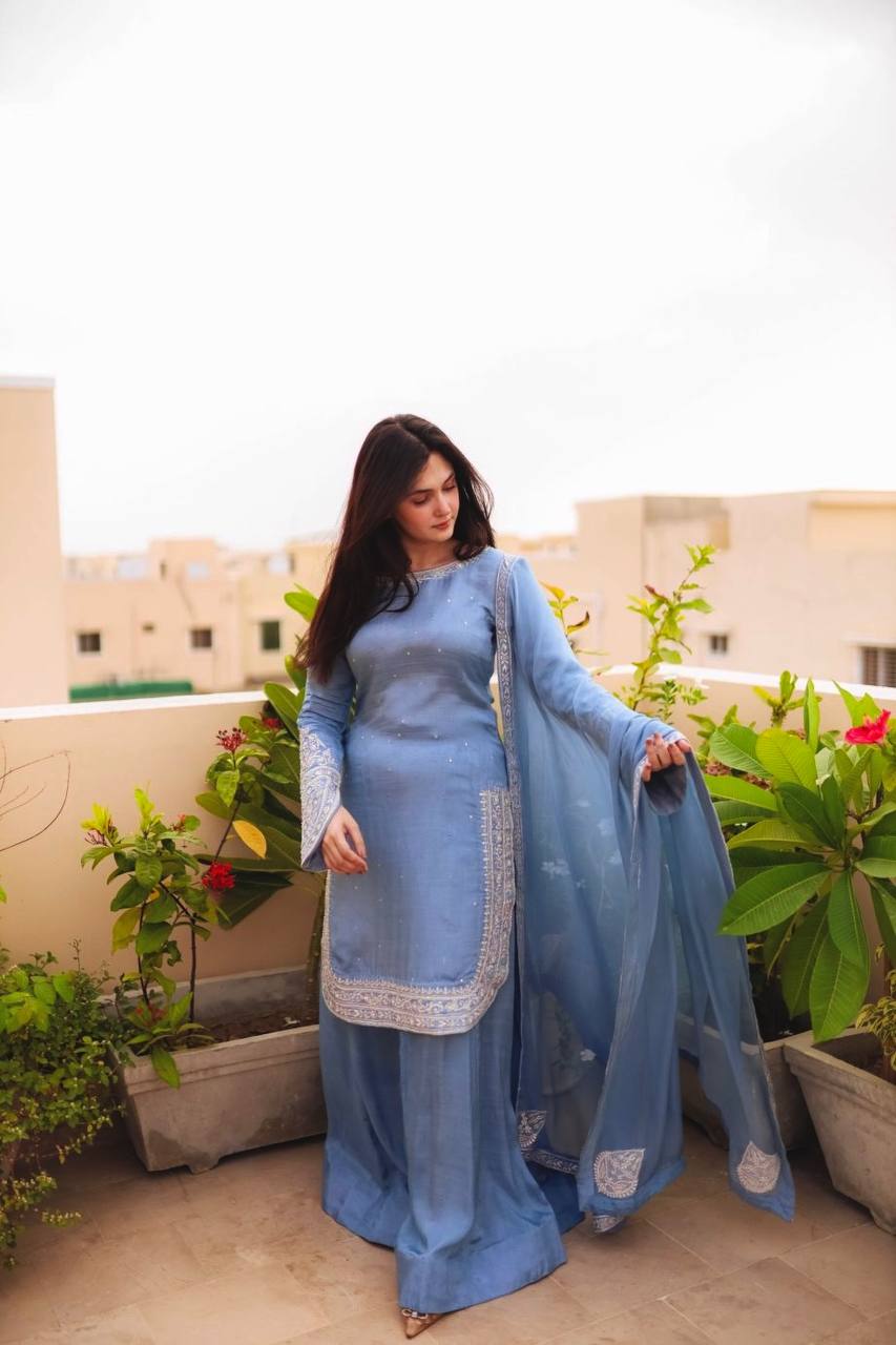 Light Blue Designer Faux Georgette Sharara Suit and Dupatta For Party Wear
