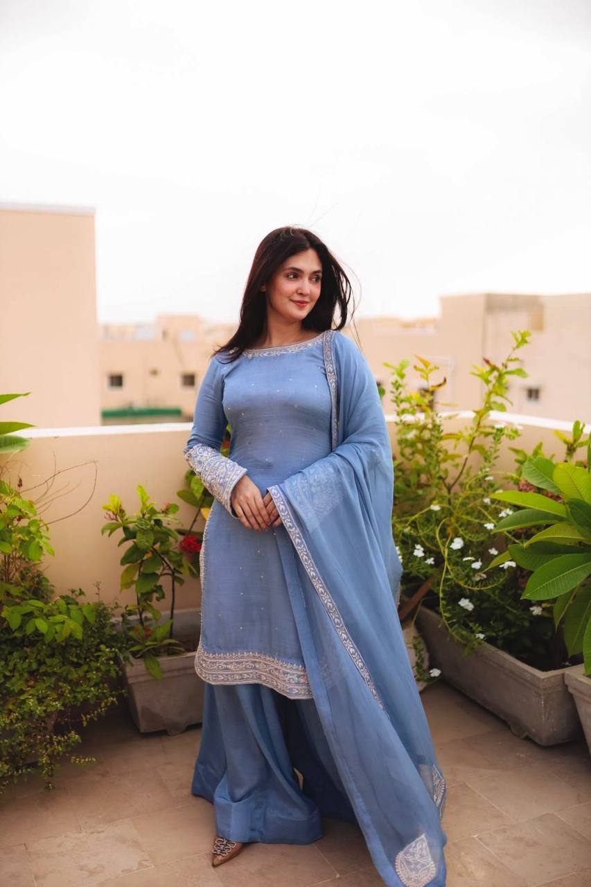 Light Blue Designer Faux Georgette Sharara Suit and Dupatta For Party Wear