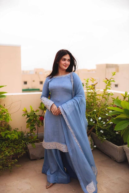 Light Blue Designer Faux Georgette Sharara Suit and Dupatta For Party Wear