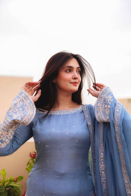 Light Blue Designer Faux Georgette Sharara Suit and Dupatta For Party Wear