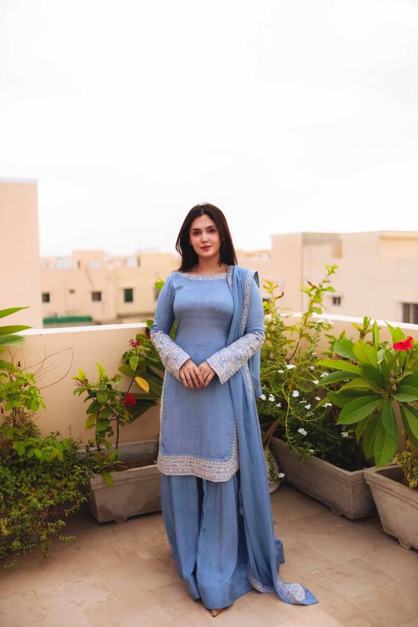 Light Blue Designer Faux Georgette Sharara Suit and Dupatta For Party Wear