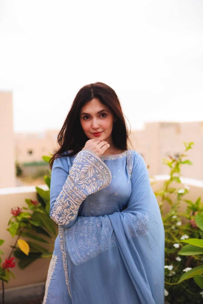Light Blue Designer Faux Georgette Sharara Suit and Dupatta For Party Wear