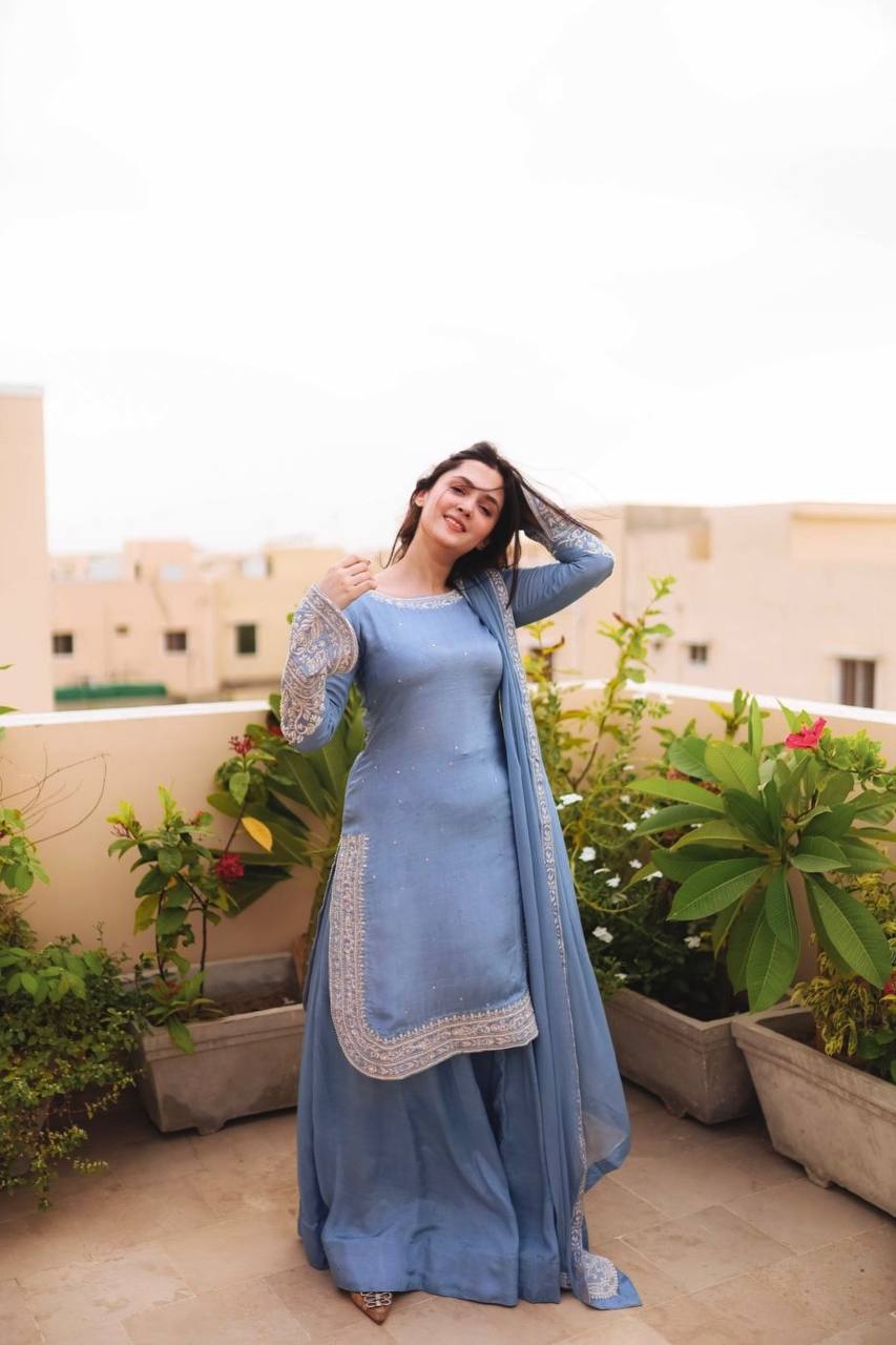 Light Blue Designer Faux Georgette Sharara Suit and Dupatta For Party Wear