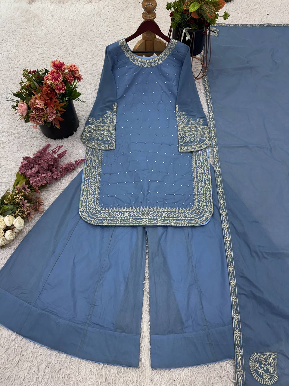 Light Blue Designer Faux Georgette Sharara Suit and Dupatta For Party Wear