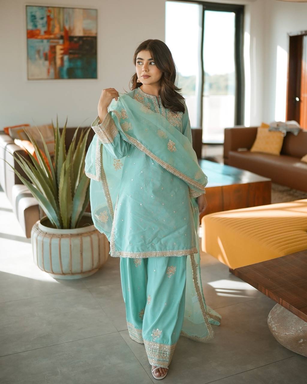 Light Blue Designer Natural Crepe Embroidered Farshi Palazzo and Dupatta 