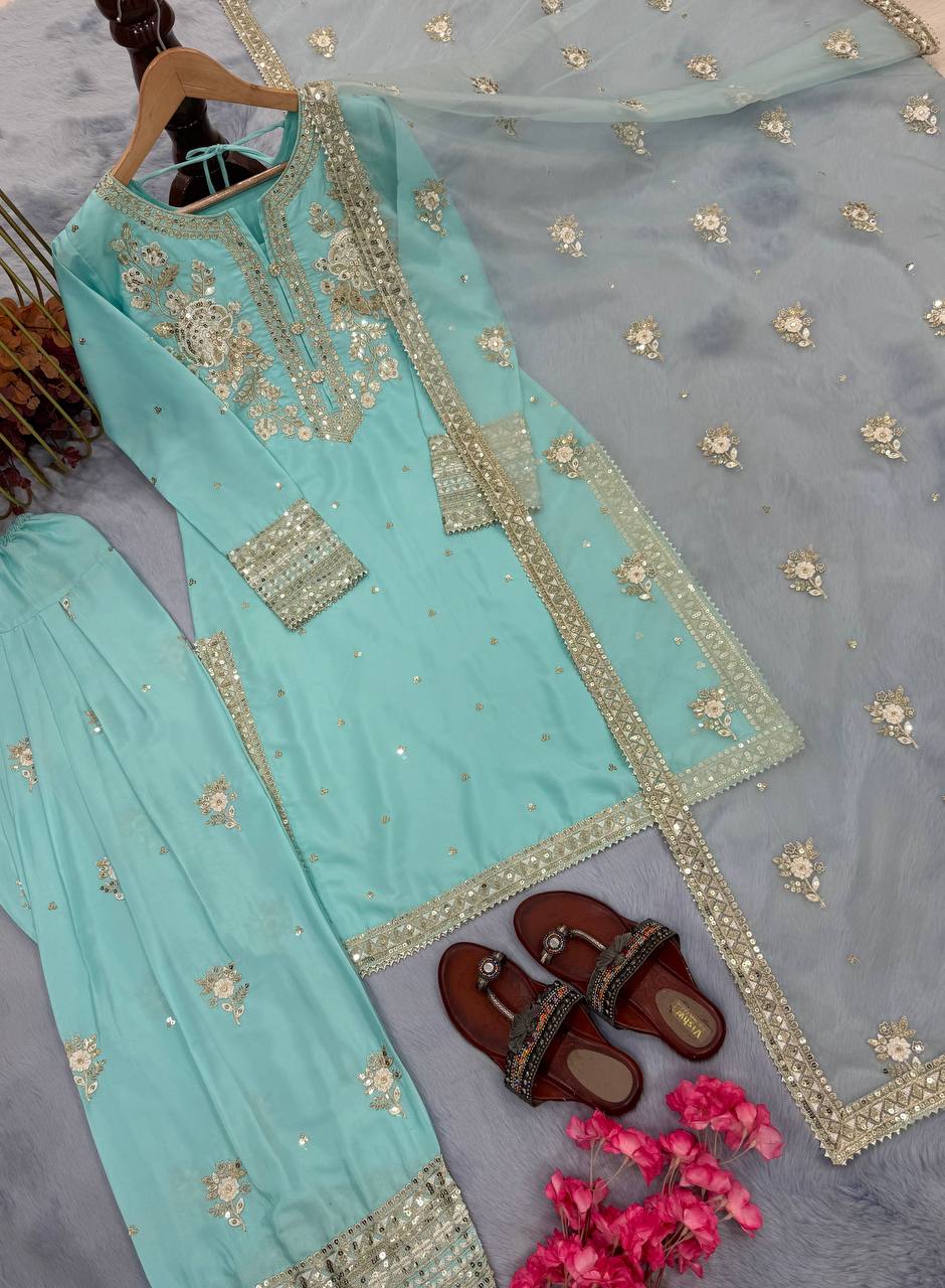 Light Blue Designer Natural Crepe Embroidered Farshi Palazzo and Dupatta 