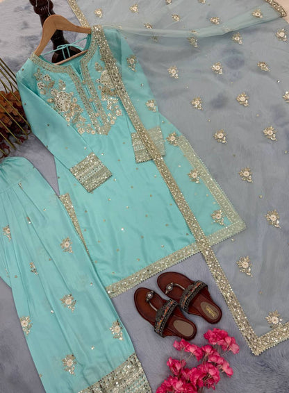 Light Blue Designer Natural Crepe Embroidered Farshi Palazzo and Dupatta 