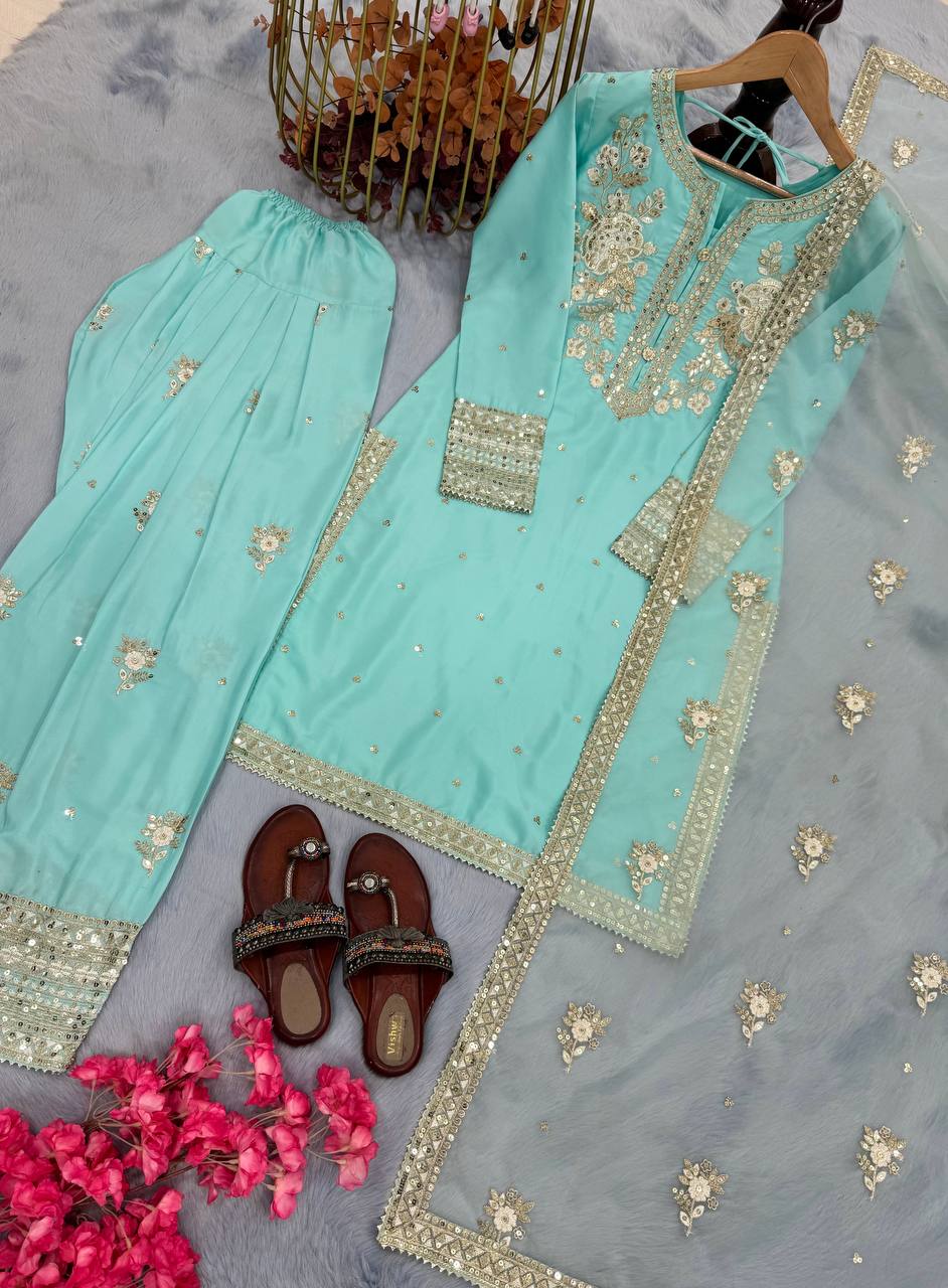 Light Blue Designer Natural Crepe Embroidered Farshi Palazzo and Dupatta 