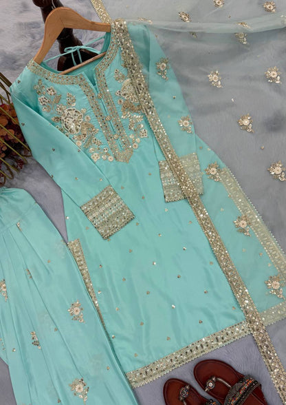 Light Blue Designer Natural Crepe Embroidered Farshi Palazzo and Dupatta 