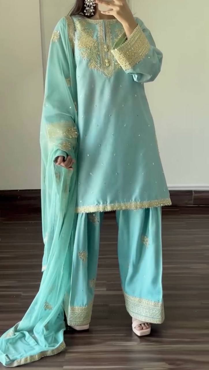 Light Blue Designer Natural Crepe Embroidered Farshi Palazzo and Dupatta 