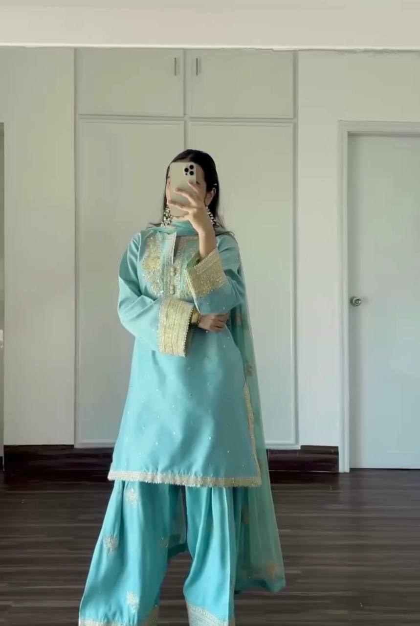 Light Blue Designer Natural Crepe Embroidered Farshi Palazzo and Dupatta 