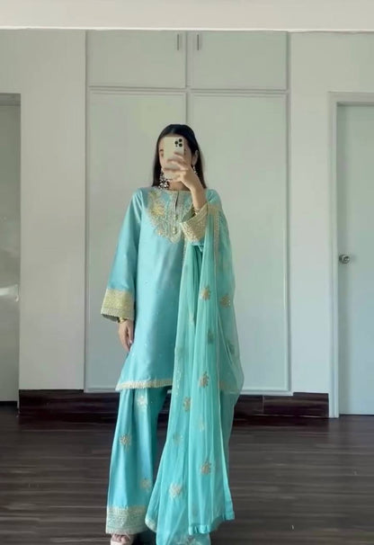 Light Blue Designer Natural Crepe Embroidered Farshi Palazzo and Dupatta 