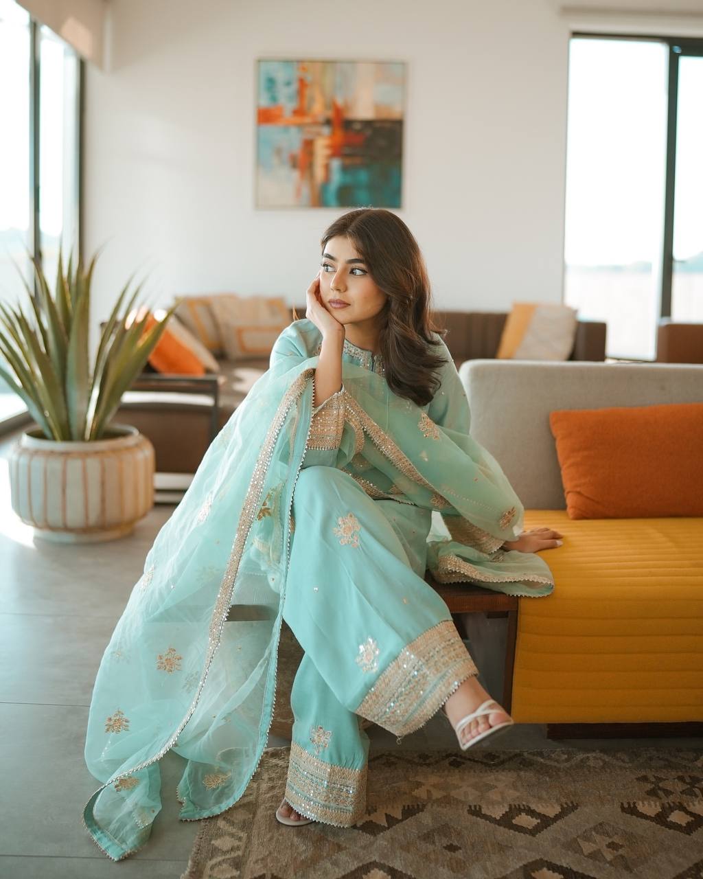Light Blue Designer Natural Crepe Embroidered Farshi Palazzo and Dupatta 