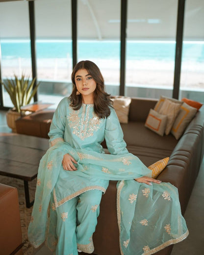 Light Blue Designer Natural Crepe Embroidered Farshi Palazzo and Dupatta 
