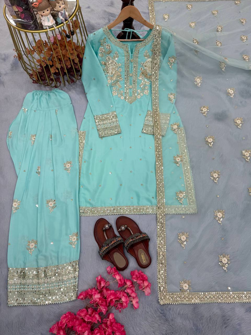 Light Blue Designer Natural Crepe Embroidered Farshi Palazzo and Dupatta 