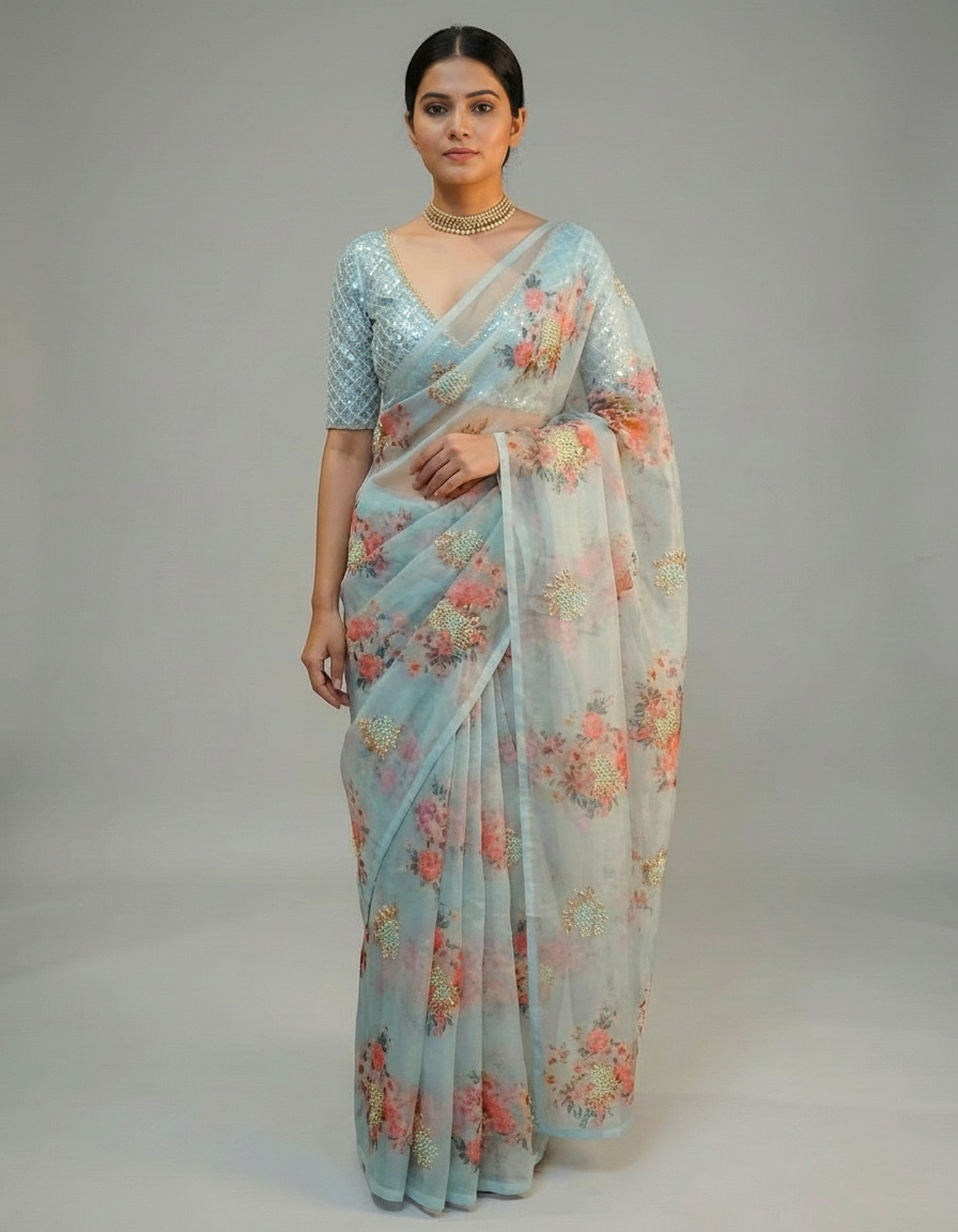 Light Blue Digital Print Organza Saree with Golden Zari Embroidery Blouse