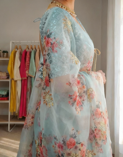 Light Blue Digital Print Organza Saree with Golden Zari Embroidery Blouse