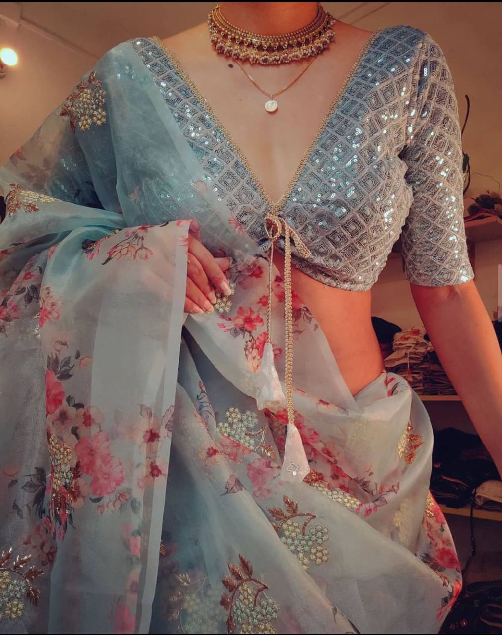 Light Blue Digital Print Organza Saree with Golden Zari Embroidery Blouse