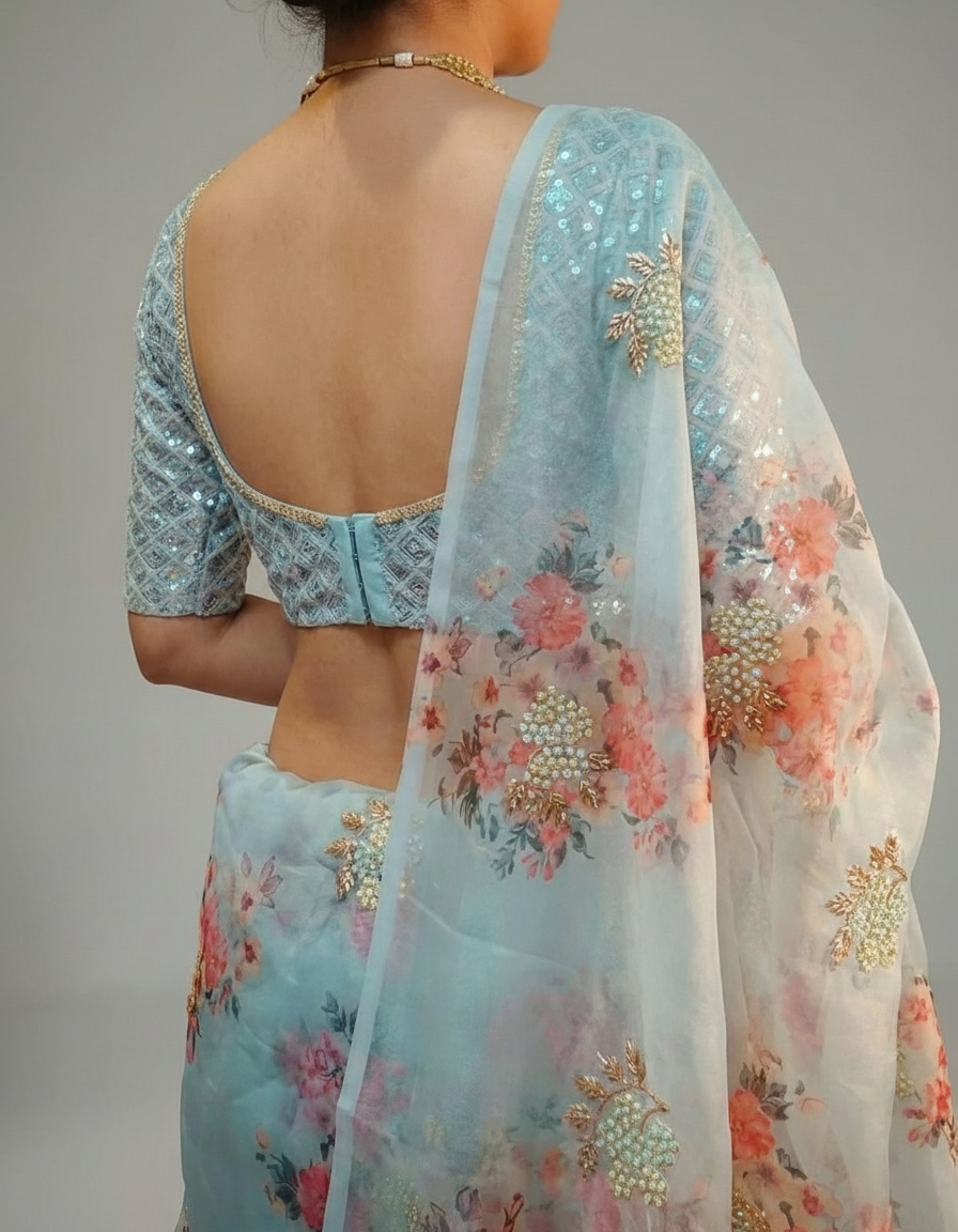 Light Blue Digital Print Organza Saree with Golden Zari Embroidery Blouse