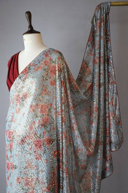 Light Blue Georgette Digital Print Saree with Full Sequins Border