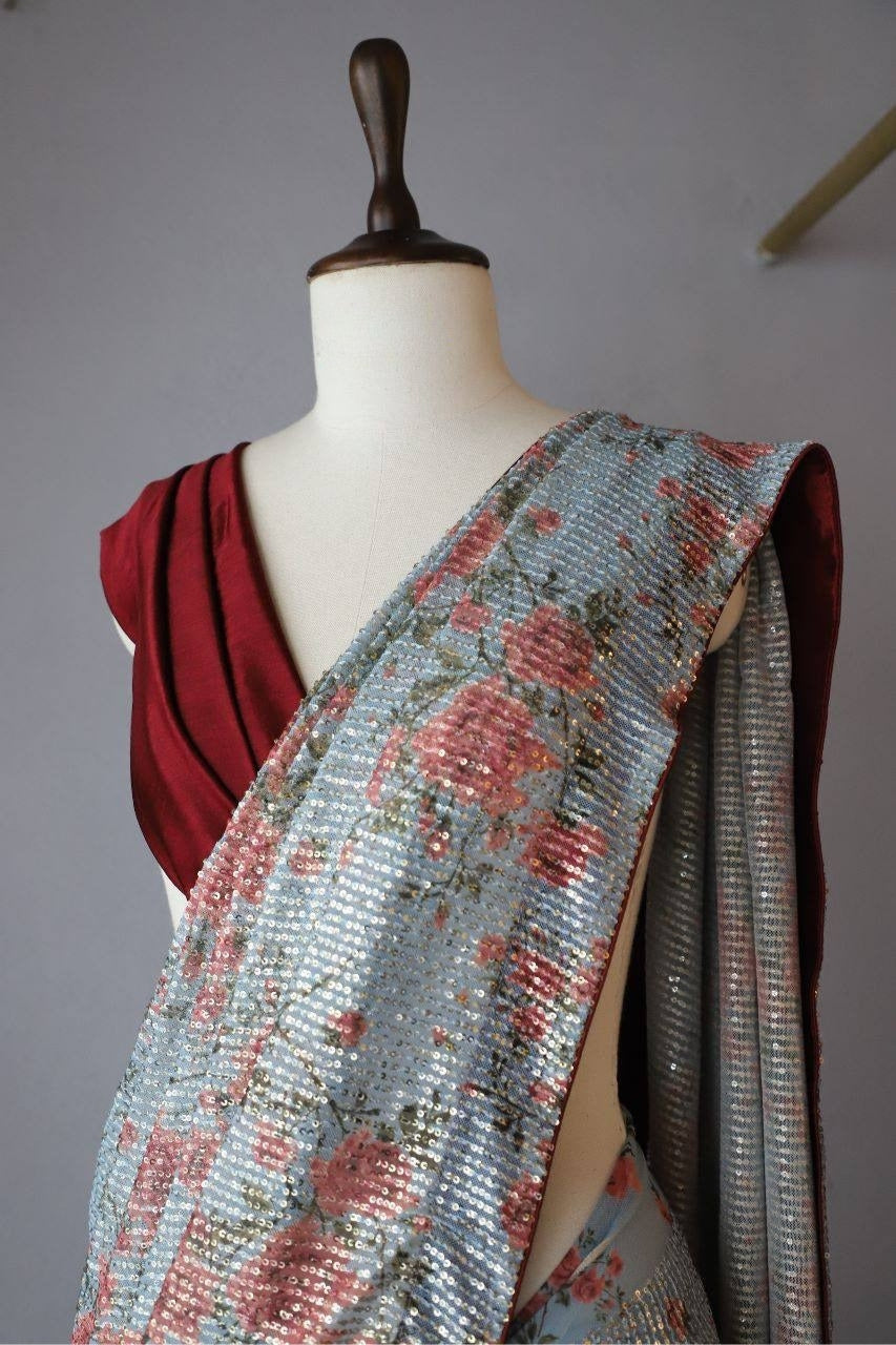 Light Blue Georgette Digital Print Saree with Full Sequins Border