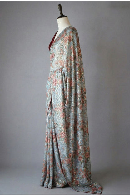 Light Blue Georgette Digital Print Saree with Full Sequins Border