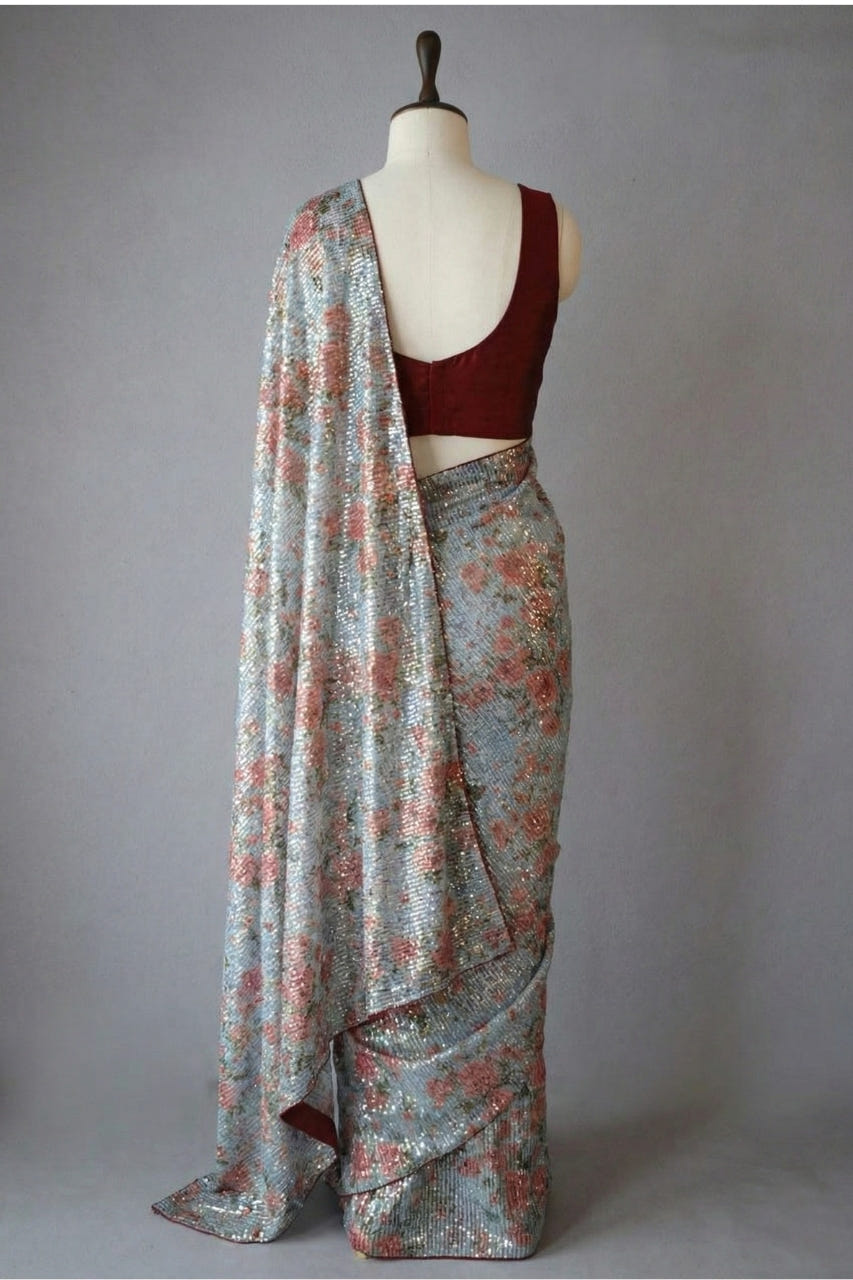 Light Blue Georgette Digital Print Saree with Full Sequins Border