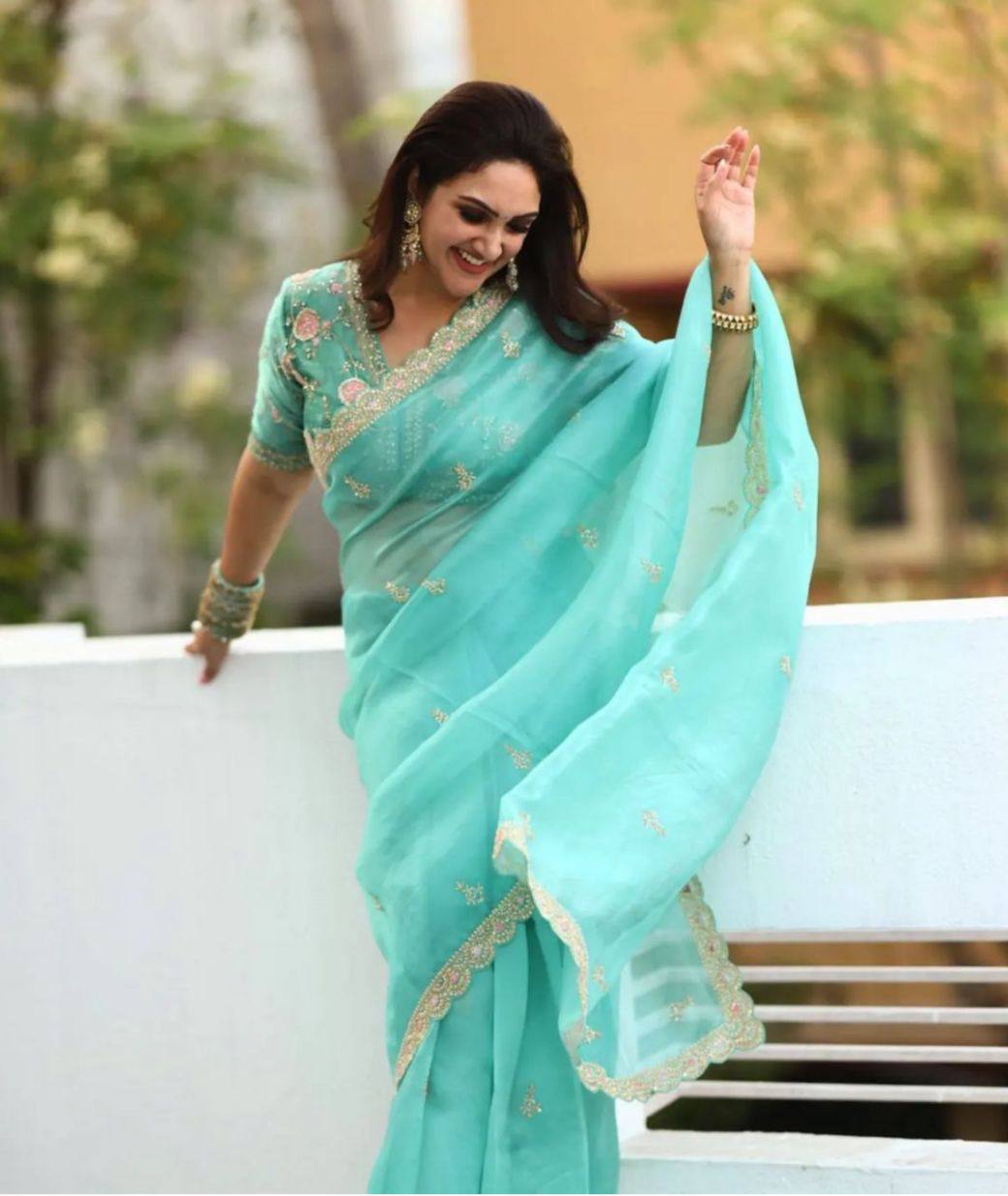 Light Blue Pure Embroidery Sequins Lace Border Organza Saree 