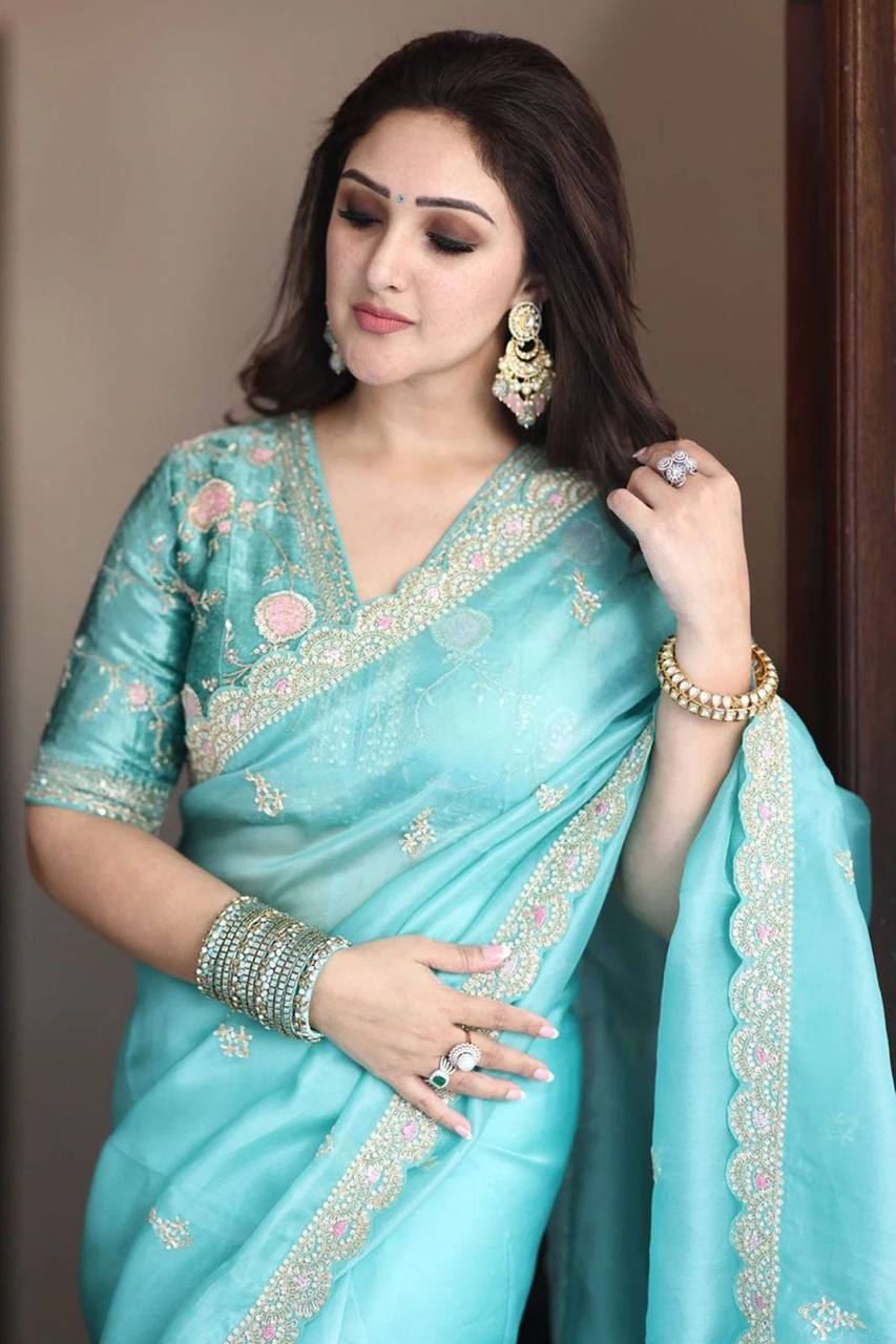 Light Blue Pure Embroidery Sequins Lace Border Organza Saree 