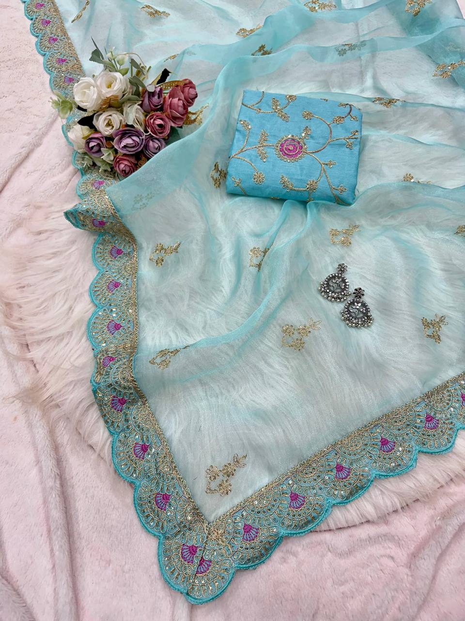 Light Blue Pure Embroidery Sequins Lace Border Organza Saree 