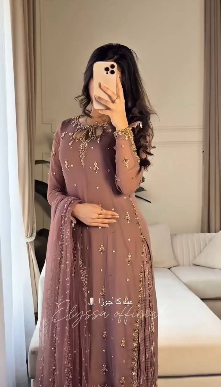 Light Brown Designer Heavy Faux Georgette Palazzo Top and Dupatta Set