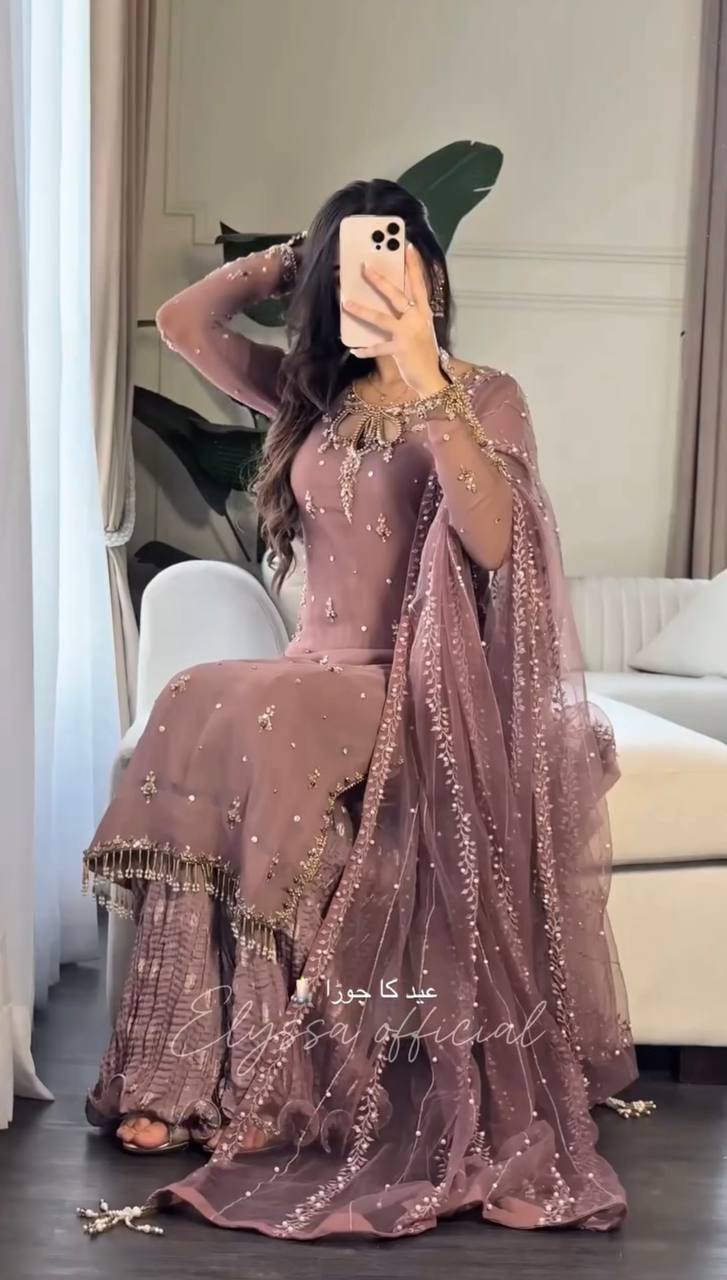 Light Brown Designer Heavy Faux Georgette Palazzo Top and Dupatta Set