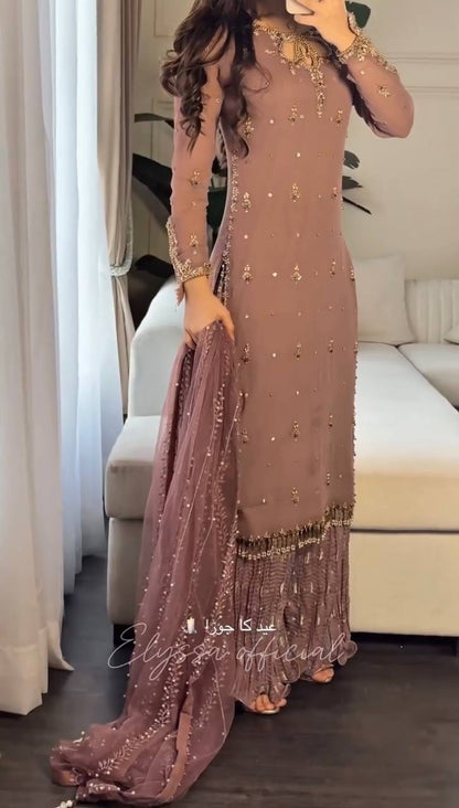 Light Brown Designer Heavy Faux Georgette Palazzo Top and Dupatta Set