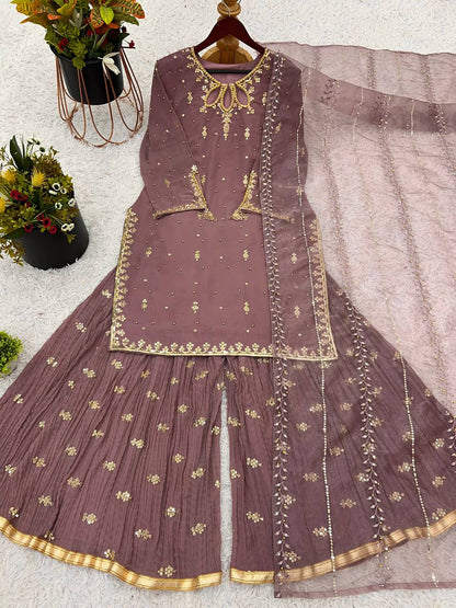 Light Brown Designer Heavy Faux Georgette Palazzo Top and Dupatta Set