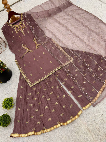 Light Brown Designer Heavy Faux Georgette Palazzo Top and Dupatta Set