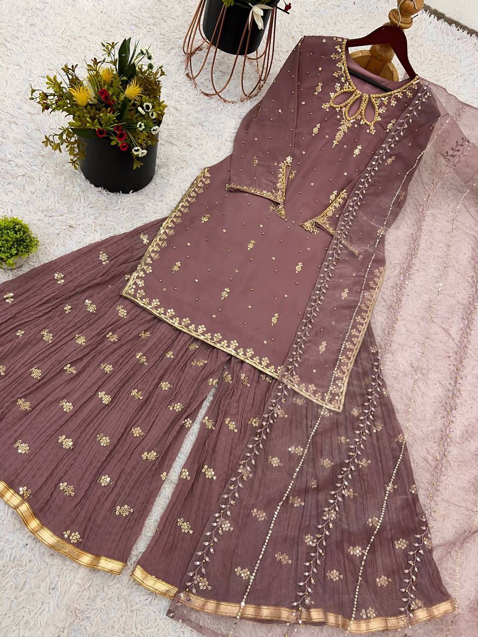 Light Brown Designer Heavy Faux Georgette Palazzo Top and Dupatta Set