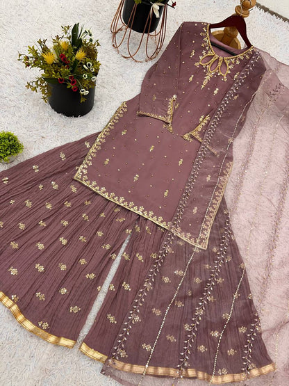 Light Brown Designer Heavy Faux Georgette Palazzo Top and Dupatta Set