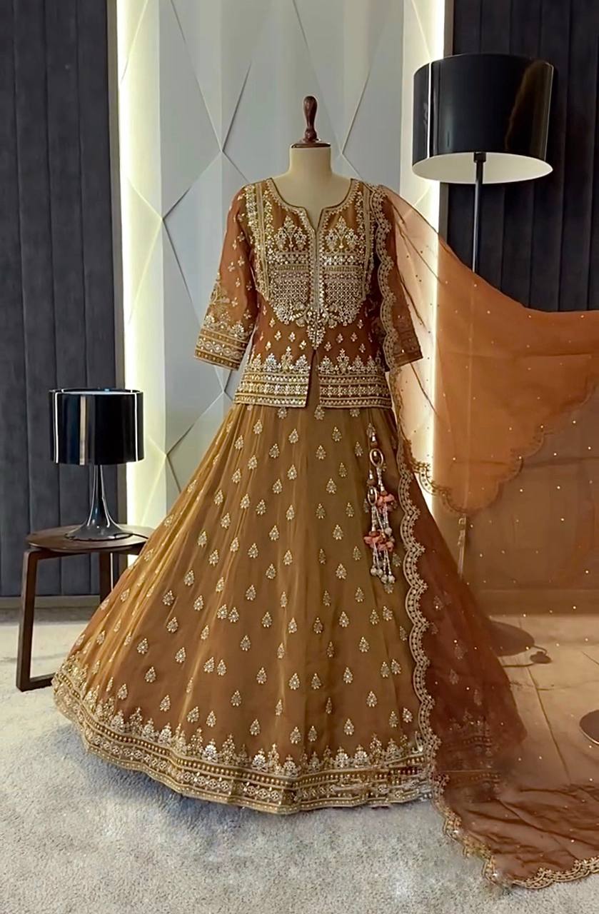 Light brown Designer Star Georgette Embroidery Lehenga Suit and Dupatta
