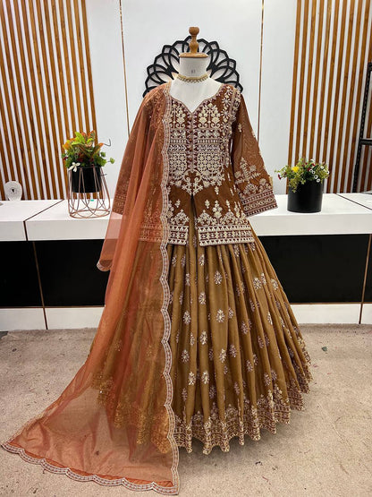 Light brown Designer Star Georgette Embroidery Lehenga Suit and Dupatta