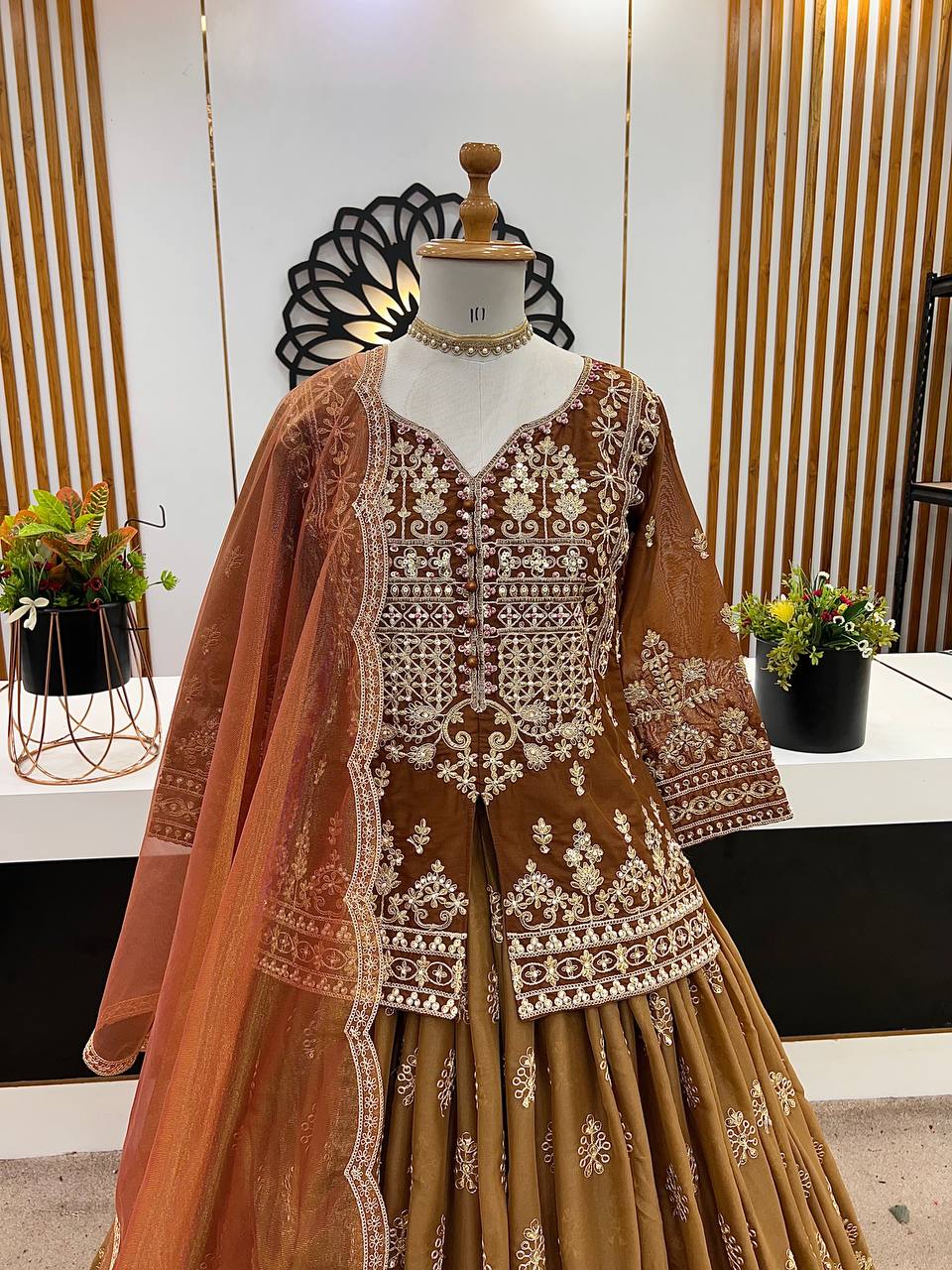 Light brown Designer Star Georgette Embroidery Lehenga Suit and Dupatta