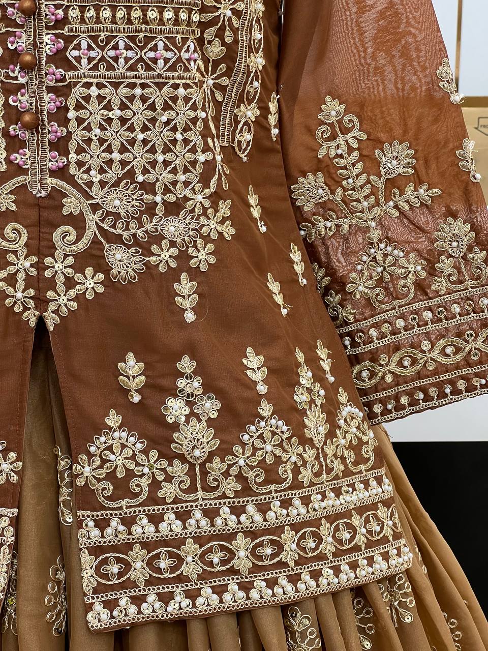 Light brown Designer Star Georgette Embroidery Lehenga Suit and Dupatta