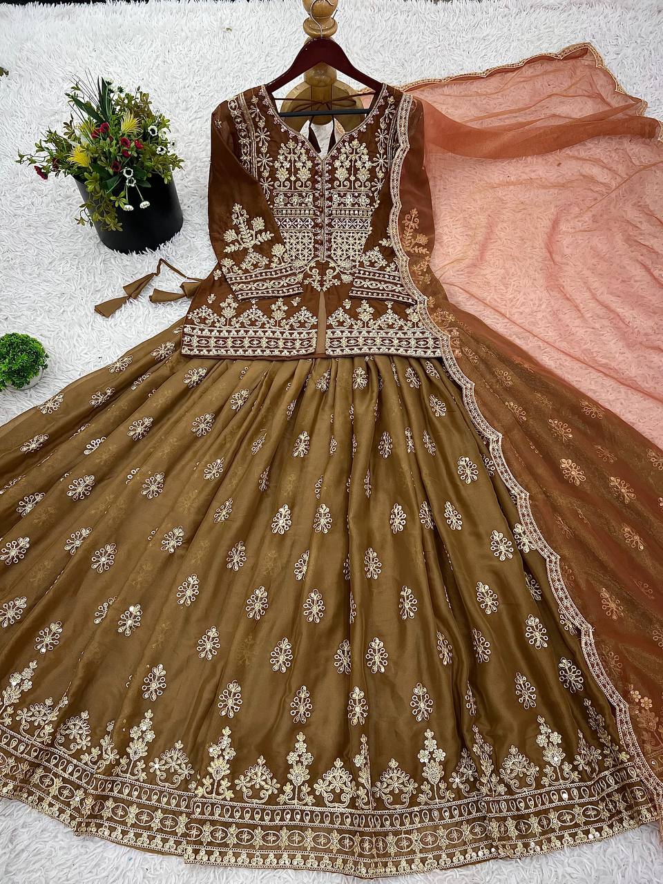 Light brown Designer Star Georgette Embroidery Lehenga Suit and Dupatta